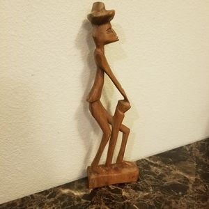 RARE Hand Crafted Wooden African Figurine Drummer on Wood Base w/ Hat Tribal Art